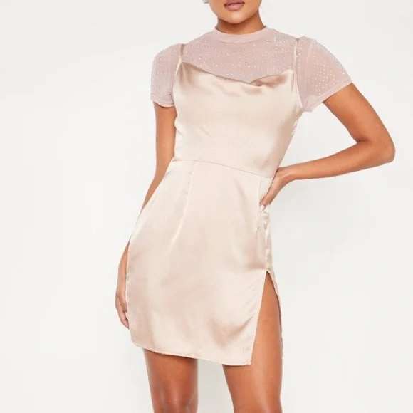 PrettyLittleThing | Dresses | Rose Satin Cowl Mesh Diamante 2 In Bodycon Dress | Poshmark PrettyLittleThing | Dresses | Rose Satin Cowl Mesh Diamante 2 In Bodycon Dress | Poshmark